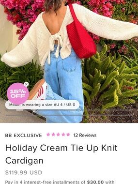Beginning Boutique Cream Tie-Up Open-Back Knit Cardigan